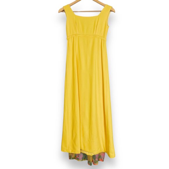 Vintage 1960s Dress Handmade Floral Train Yellow Crepe Empire Waist Bow Back - Picture 9 of 10